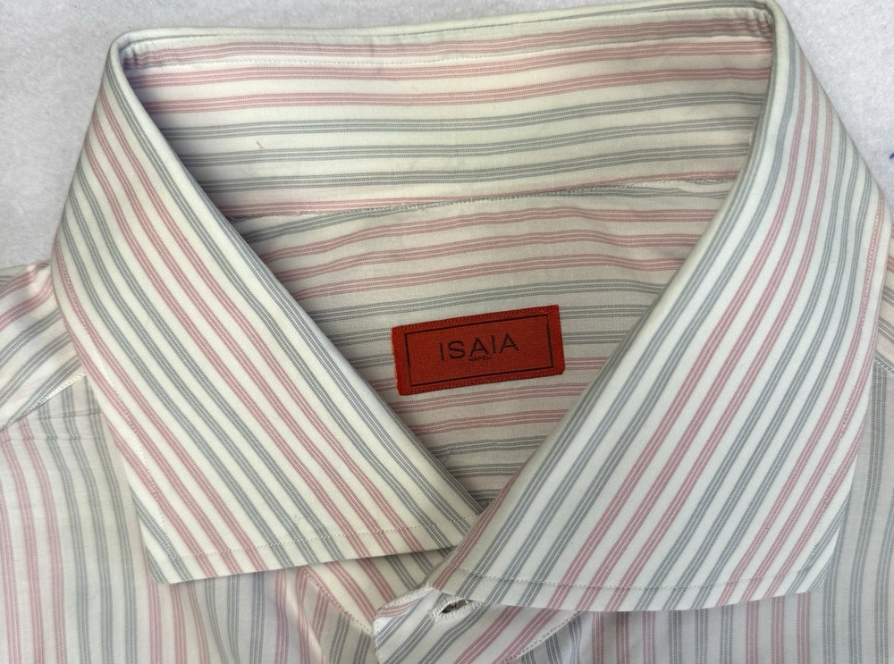Isaia Napoli Men's Leuca Mix Fit Dress Shirt Striped Pink Gray Size 43 17 Italy